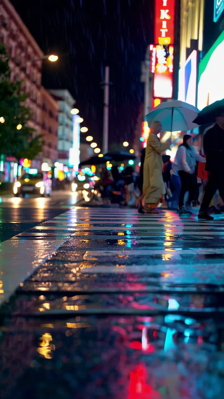 Rainy Urban Night with Neon Reflections on Wet Streets