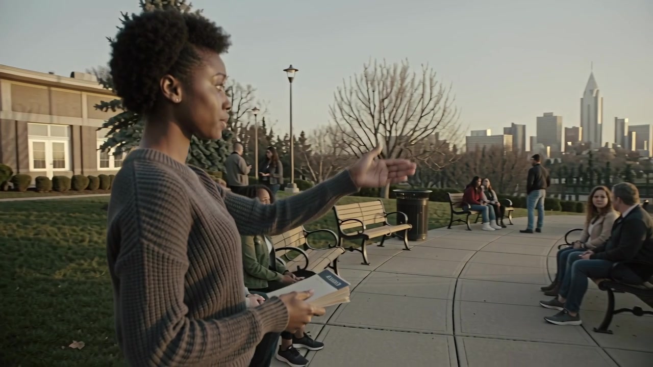 Raising arm, student in grey sweater addressing peers on campus benches to read book, copy space