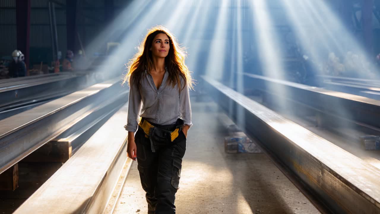 In a sunlit industrial setting, a confident woman strides gracefully down the path between steel beams, illuminated by radiant beams of light, embodying strength and determination in her journey