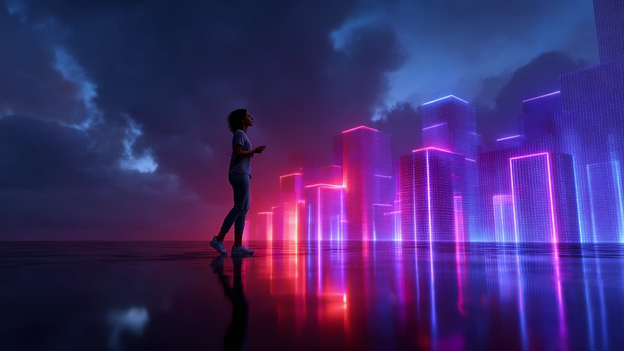A solitary figure exploring a vibrant, futuristic cityscape illuminated by colorful neon lights, reflecting off a glossy surface under a dramatic sky filled with clouds, evoking a sense of wonder and curiosity in a digital realm