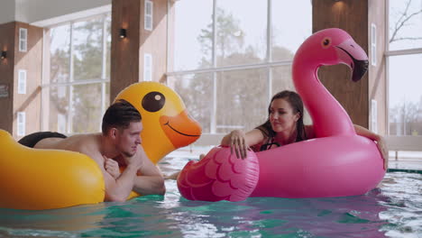 visitors of water park or swimming pool is relaxing and chatting man and woman are floating on funny inflatable circles