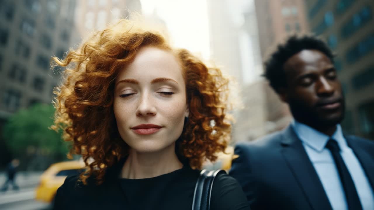 Una donna dai capelli rossi e ricci, sicura di sé, cammina per le vivaci strade della città, mostrando il suo stile unico e la sua eleganza accanto a un accompagnatore in abito