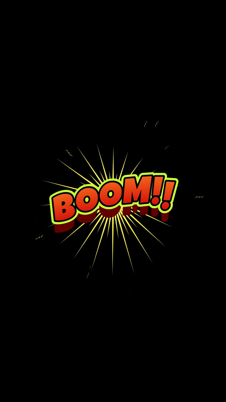 Vertikal tegneseriestil "boom"-tekst svævende på sort baggrund, pop art onomatopoietikon, sømløs sløjfe.