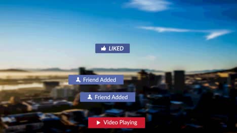animación de iconos de redes sociales y emojis cayendo sobre el paisaje urbano