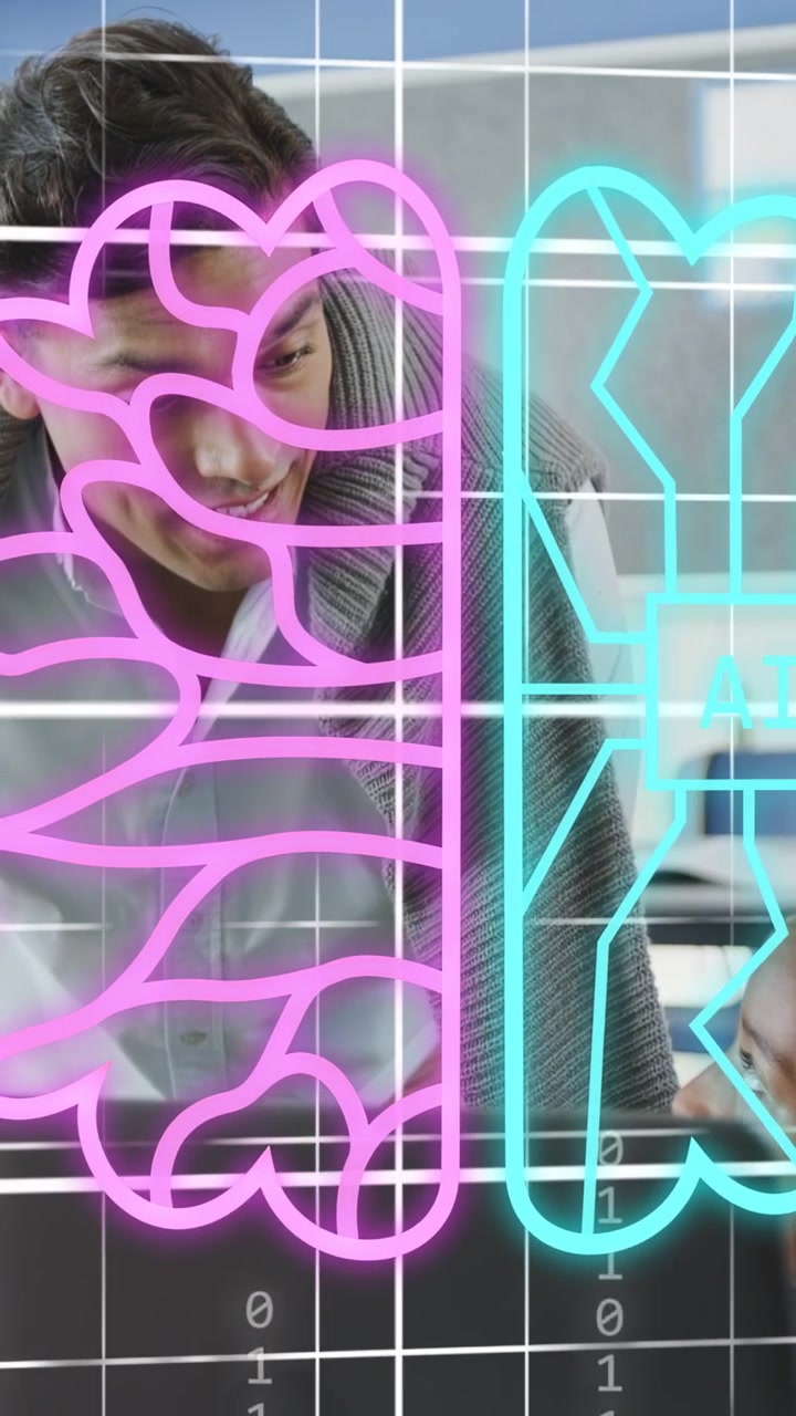 Vertikální video: Muž ukazuje na PC, vytváří mřížku a tvary pohybující se na obrazovce, které pak mizí pro učení.