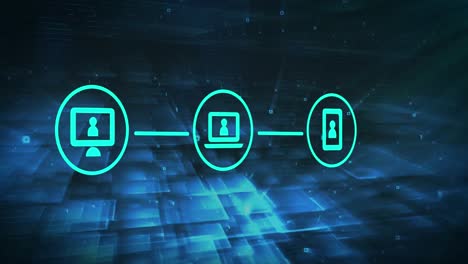 red de iconos de conexión contra formas cuadradas en fondo azul