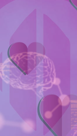 animación de iconos de corazón, cerebro humano y datos sobre cadena de adn en fondo rosa
