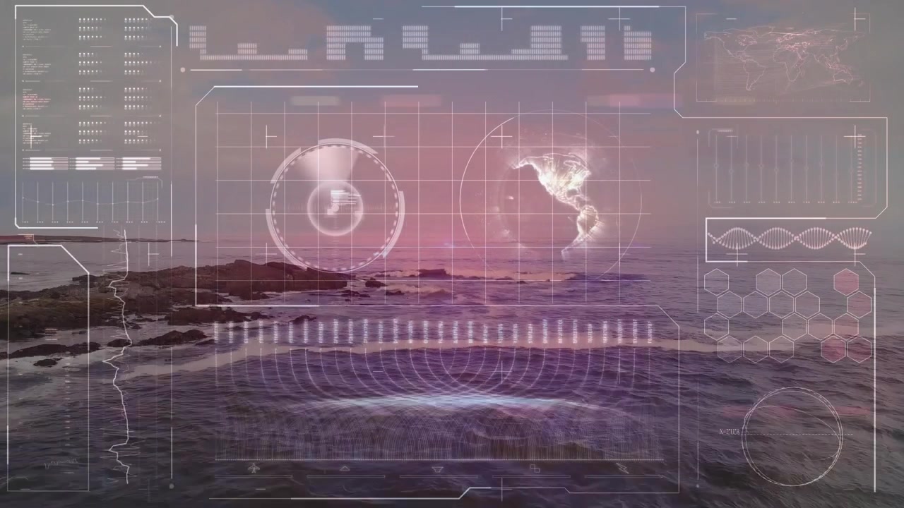 dawn sea shifting into scanning overlay, rotating radar disc spinning globe mapping depth and data