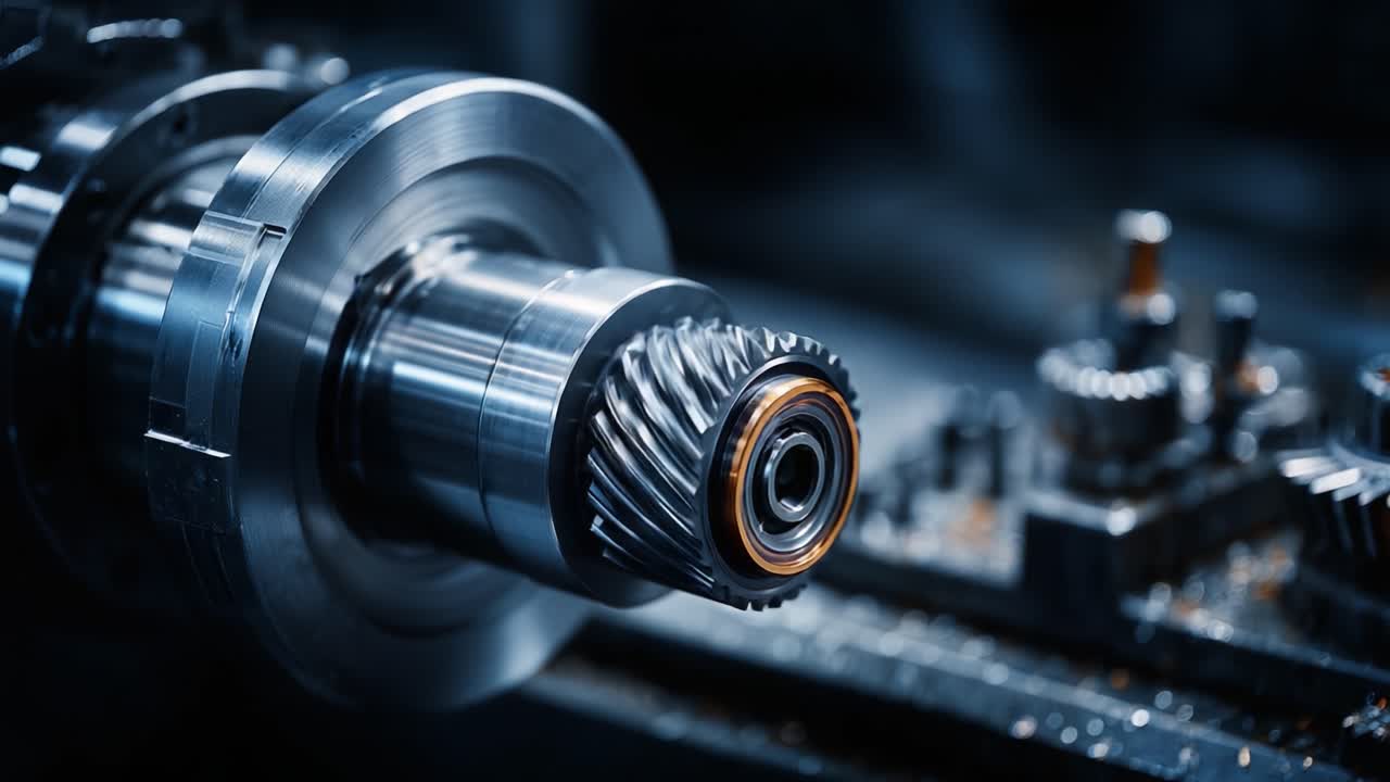 Close-Up of Precision Gear Mechanism in Metalworking Environment, Showcasing Machining Process and Intricate Details of Industrial Equipment and Gear Teeth