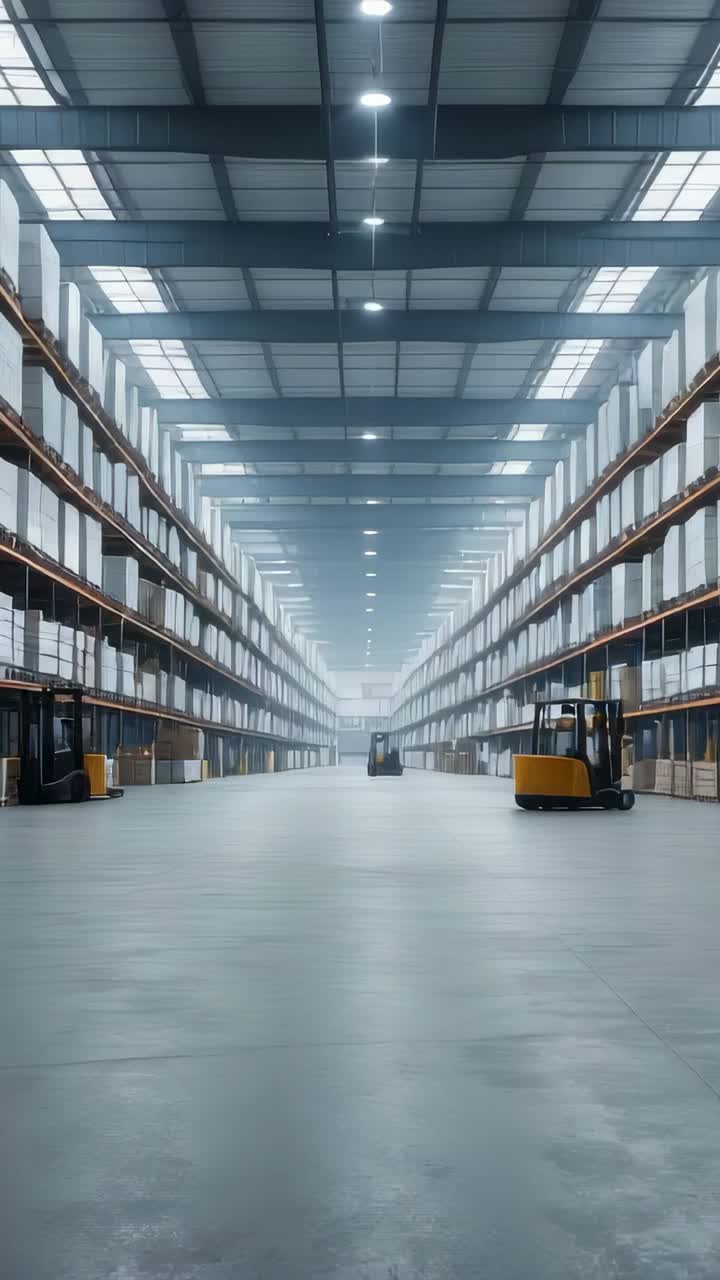 Vertical video: Responding to signal autonomous forklifts advancing warehouse aisle between racks