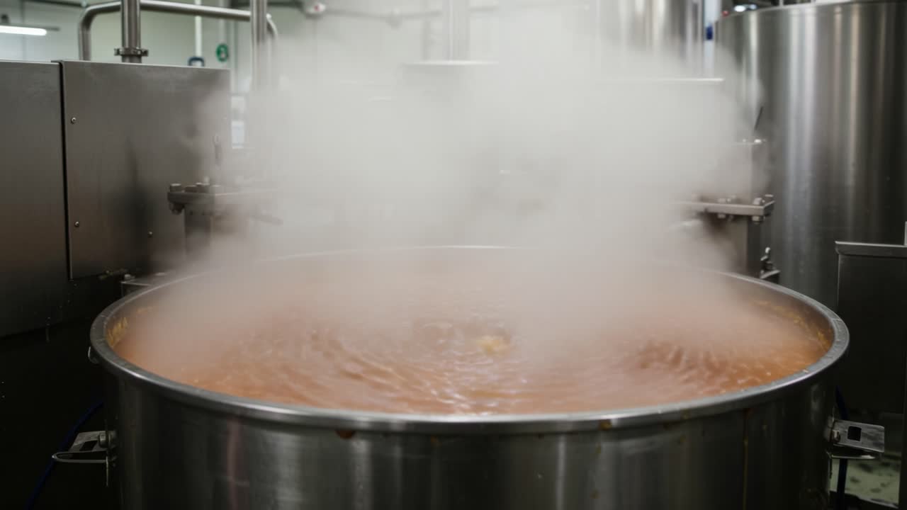 A captivating visualization of boiling liquid in a large stainless steel pot, surrounded by industrial equipment, showcasing the dynamic steam and turbulence during the cooking process
