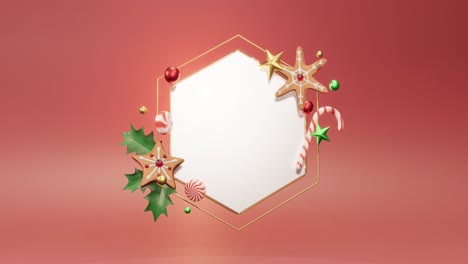 Animation-of-hexagon-frame-with-copy-space-and-christmas-decoration-on-red-background