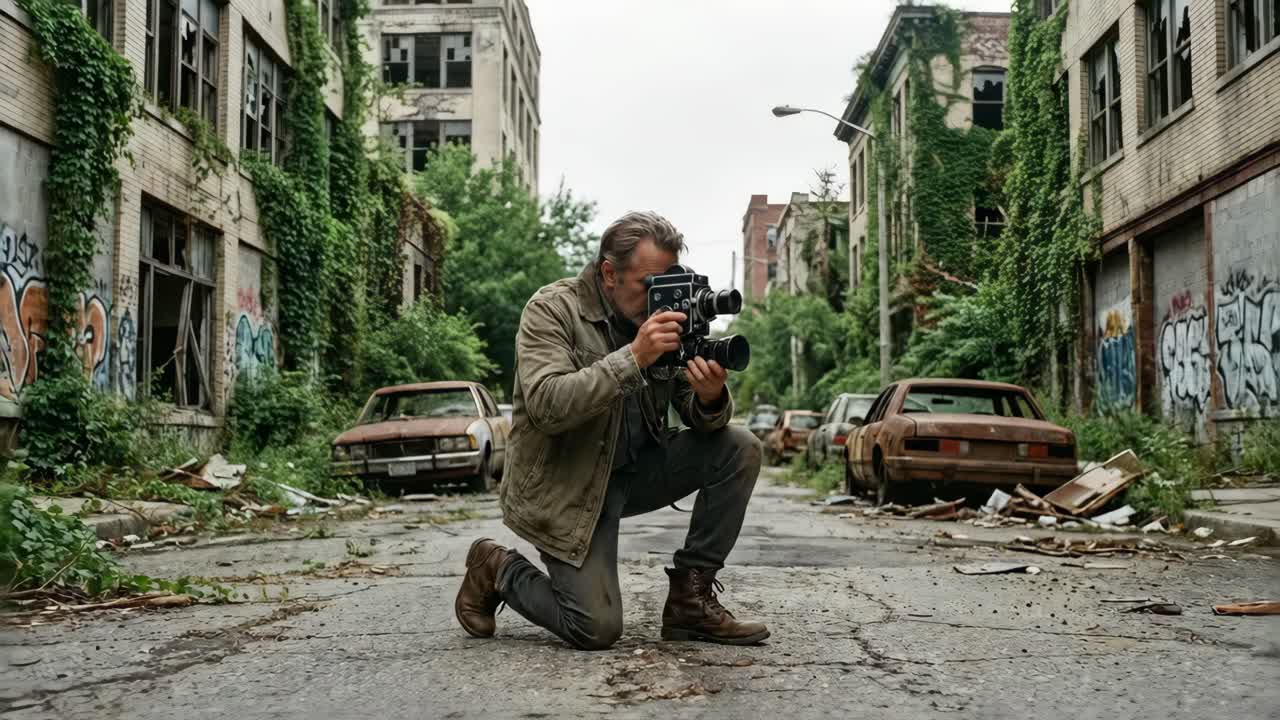Uomo che filma con una macchina fotografica vintage in una strada abbandonata e invasa dalla vegetazione