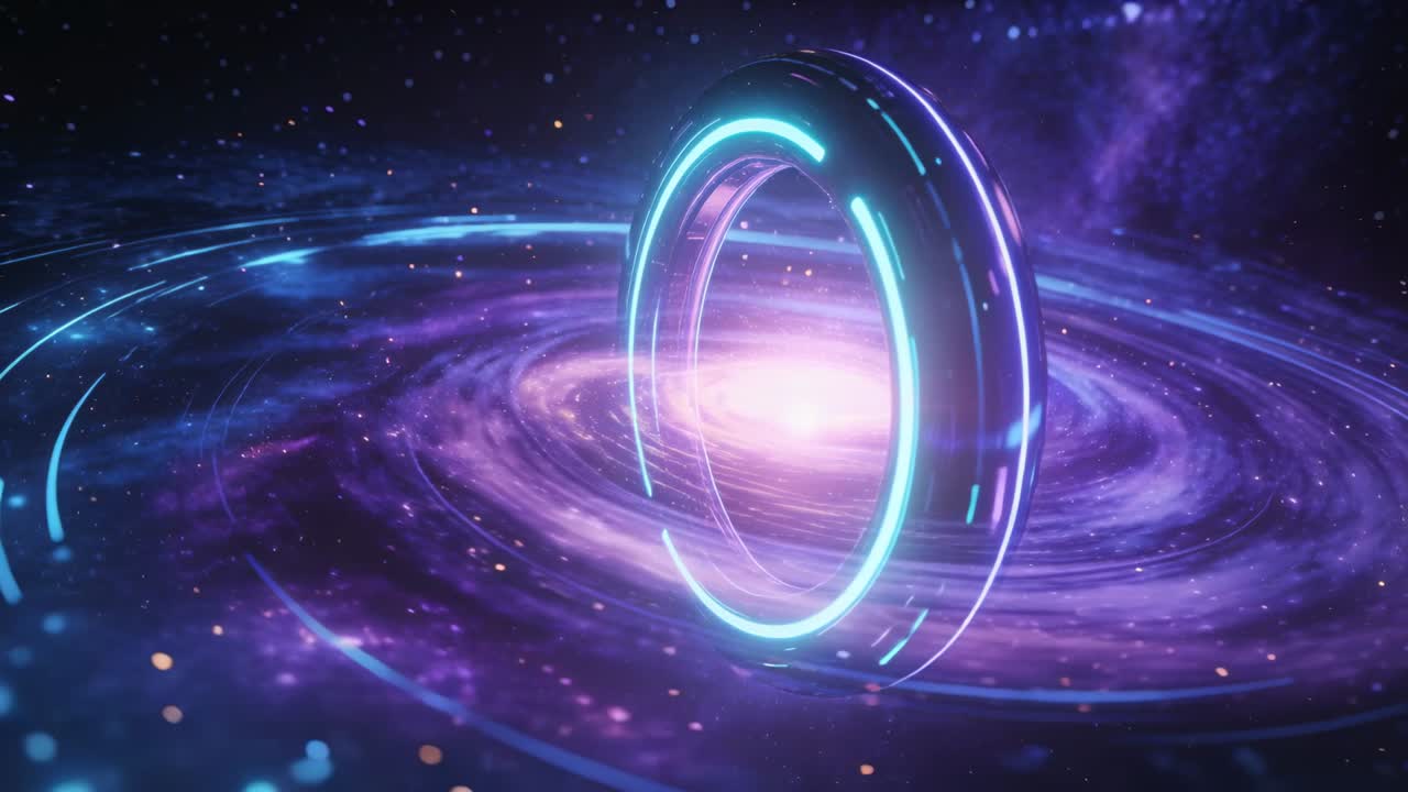 Carrellata della telecamera che rivela un toro metallico rotante che fluttua sopra il nucleo di una galassia a spirale, con corpuscoli ciano.