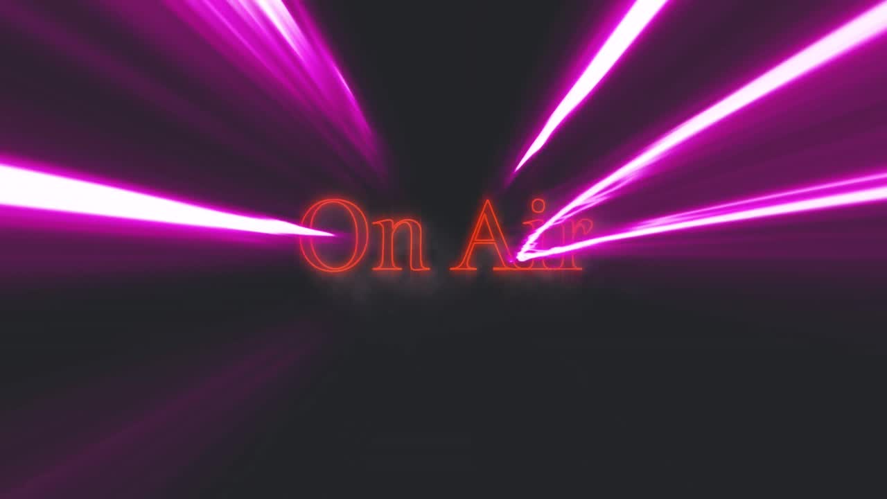Animation of on air text over purple neon lines on black background