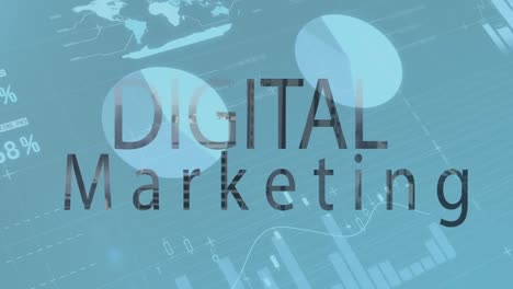 animation von digitalem marketingtext über datenverarbeitung auf blauem hintergrund