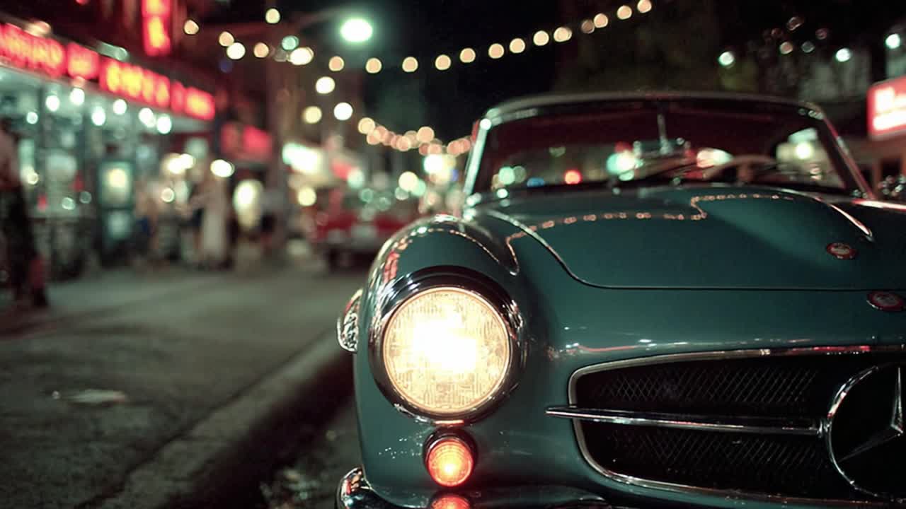 Eine atemberaubende Nachtszene mit einem blauen Oldtimer mit strahlenden Scheinwerfern in einer lebhaften städtischen Straße, die mit warmen, festlichen Lichtern und geschäftigen nächtlichen Aktivitäten geschmückt ist