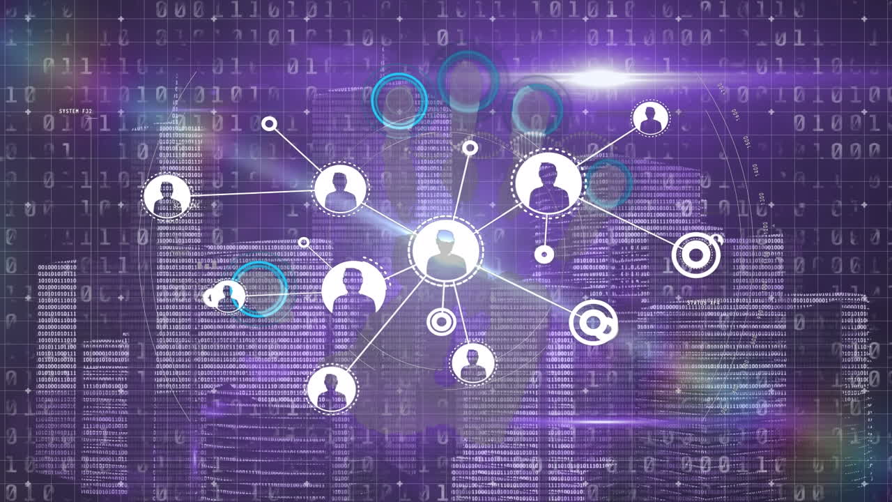 animación de la red de conexiones con iconos de usuario sobre la ciudad del metaverso y el código binario