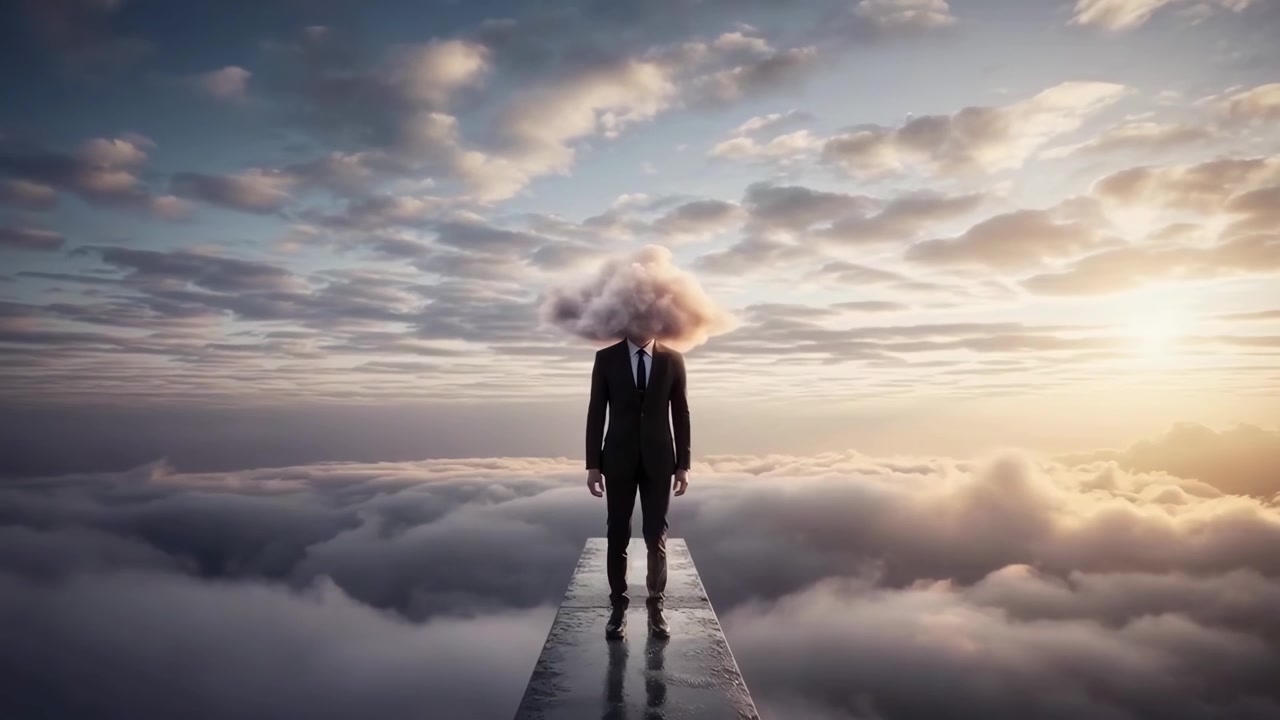 Surreal Man with Cloud Head in Diverse Dreamlike Settings