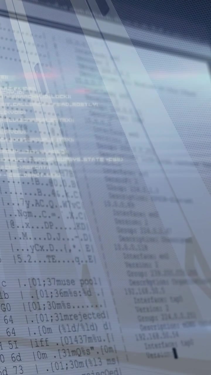 Frame sequence revealing terminal logs behind diagonal panels, cursor appearing for tech monitoring