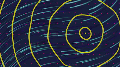 animation of yellow circles over curvy blue lights moving and pink dots on blue background