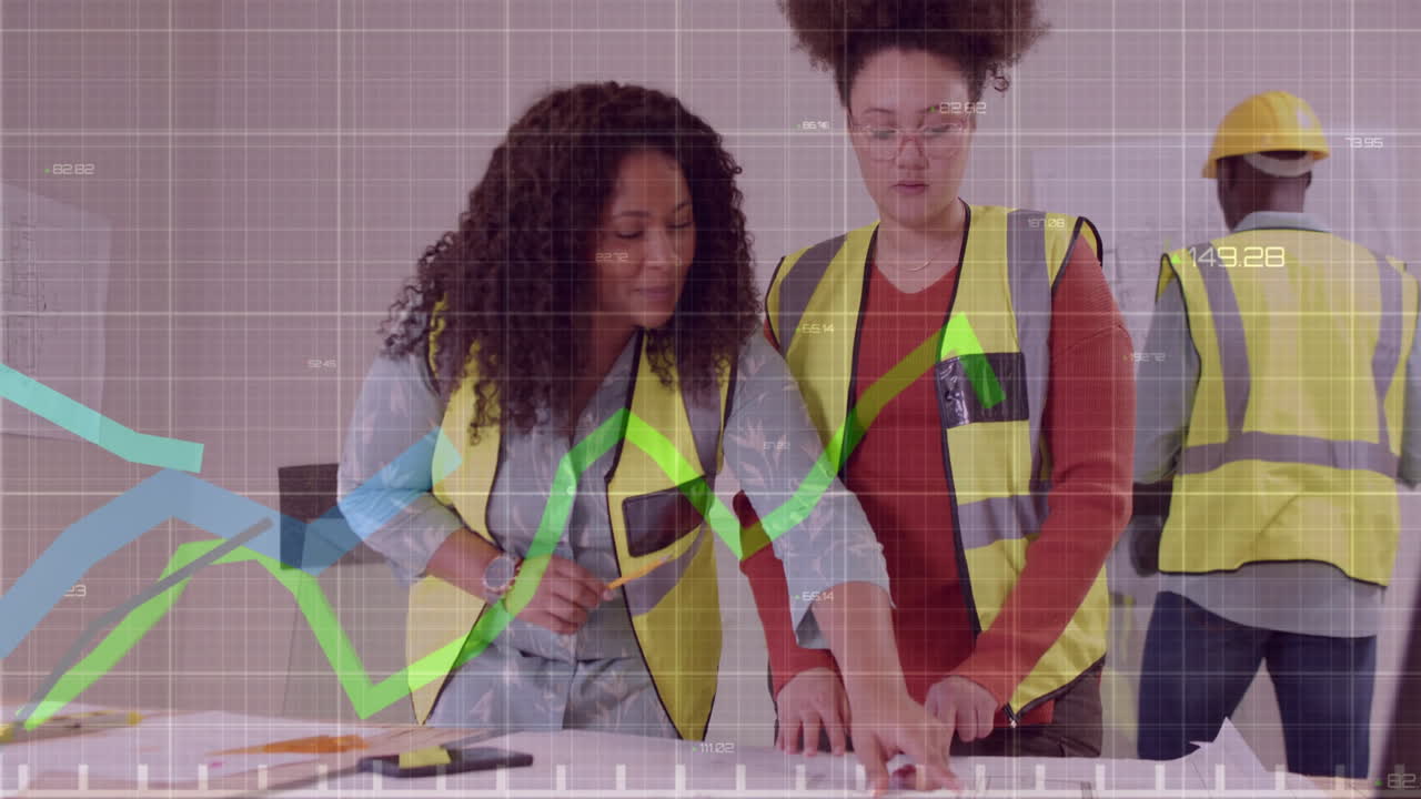 Animation of data processing over diverse engineers in hi vis vests
