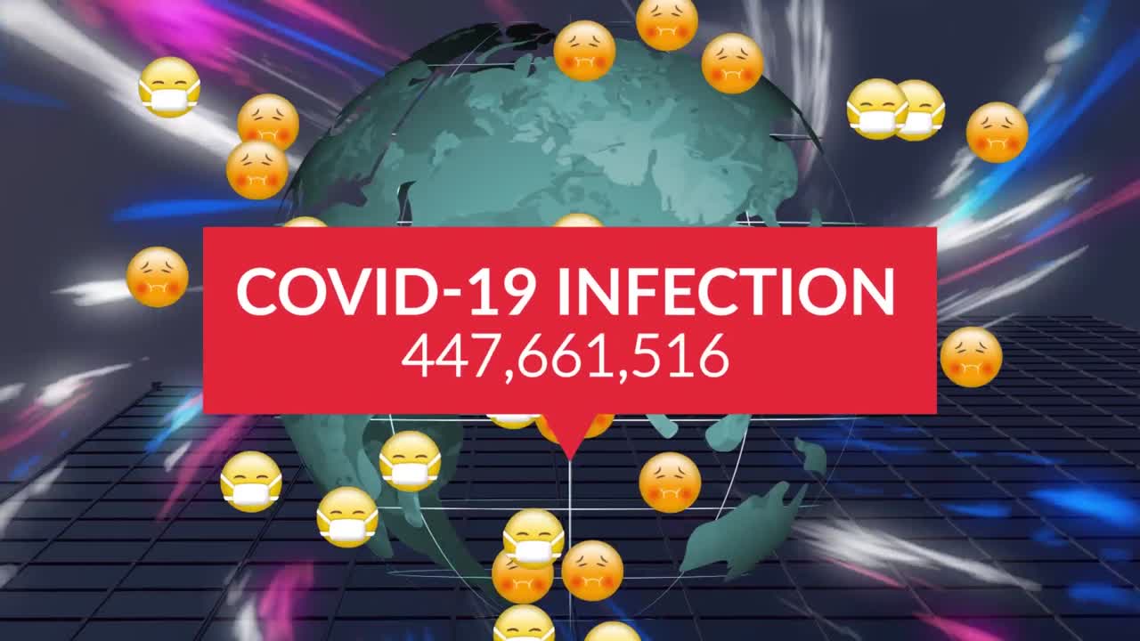 animación de iconos y números emoji con texto de infección por covid-19 en todo el mundo