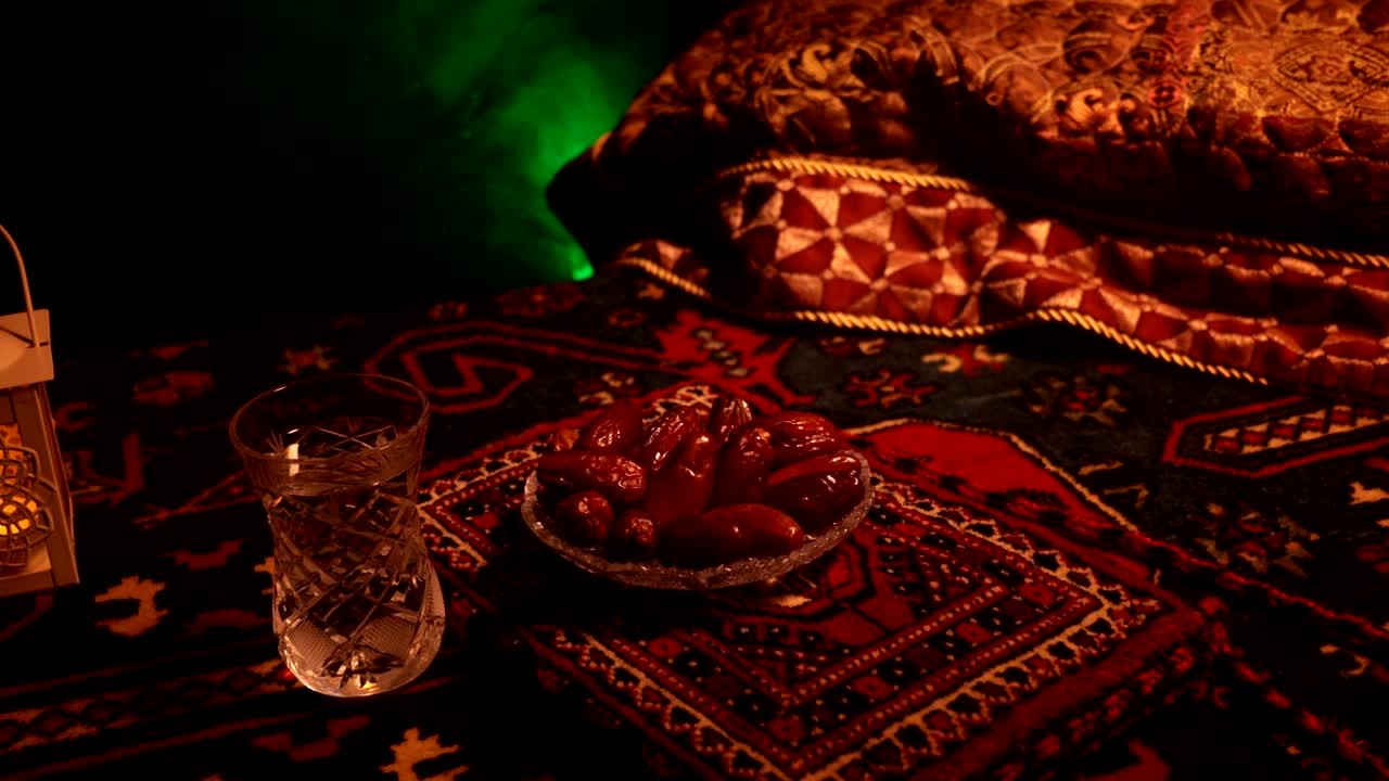 이프타르는 저녁 식사입니다. 장식의 슬라이더 뷰 라마단 카림 휴일 축제 축하 카드, 무슬림의 거룩한 달 라마단의 카림에 대한 초대. 어두운 배경. 선택적 초점