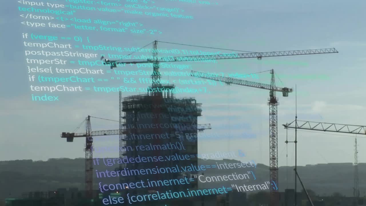 Pembukaan situs menampilkan menara tinggi, kode memudar, bergulir, mencampur visual digital dan konstruksi.