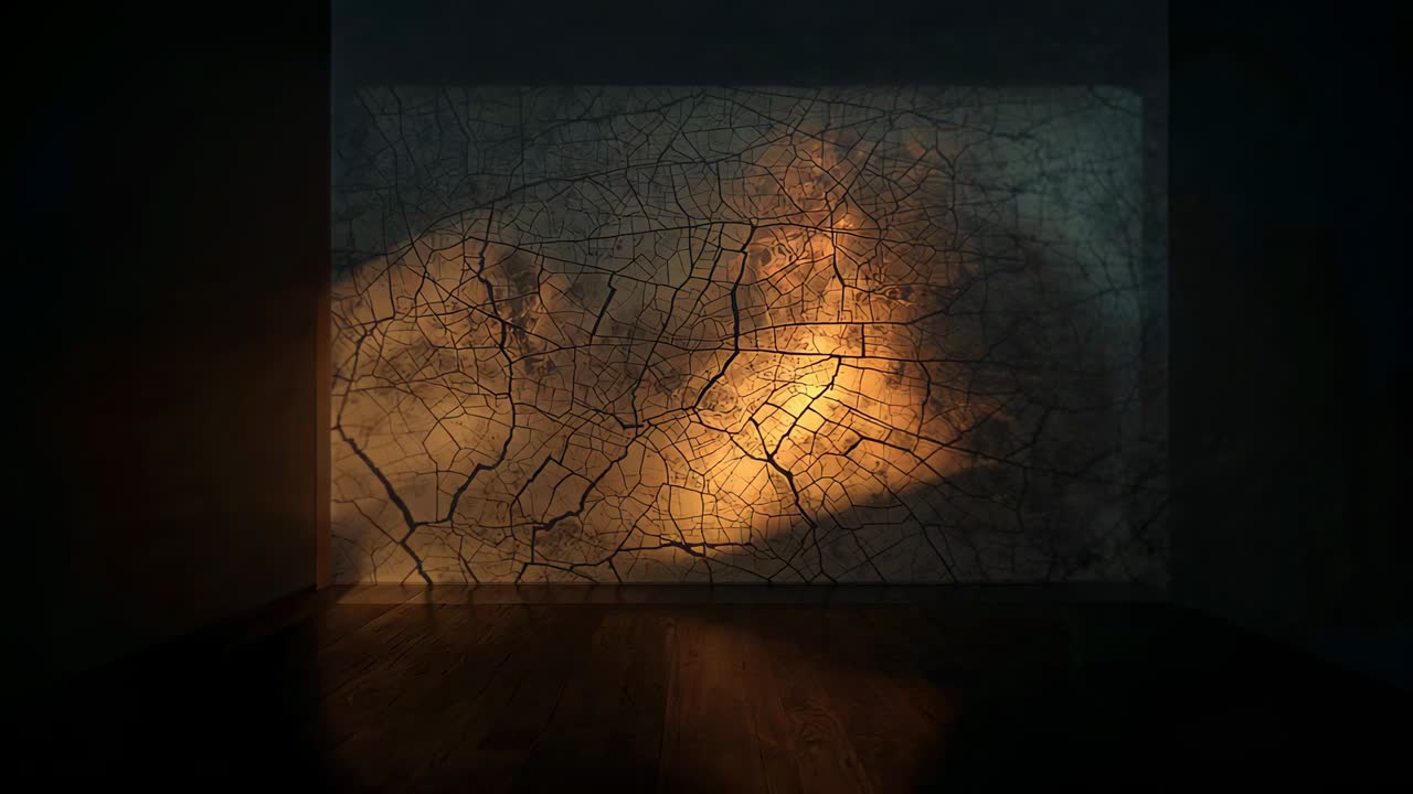 Carrellata e panoramica della telecamera su pavimento in legno fino a parete crepata in una stanza che mostra crepe sotto una luce ambrata