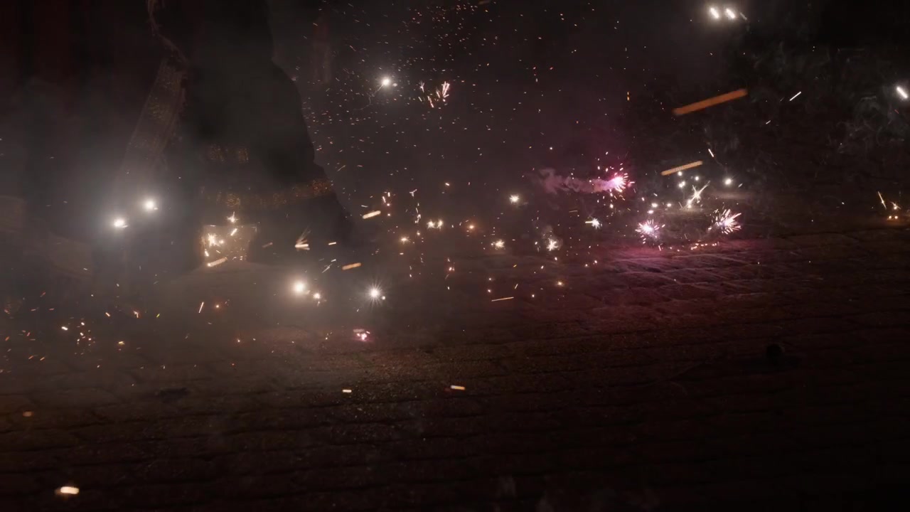 Slow-motion fire performance at night, with flames and sparks, mystical vibe