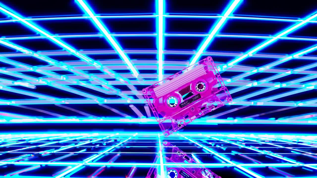 Retro-futuristic video concept with a floating pink cassette in a neon grid