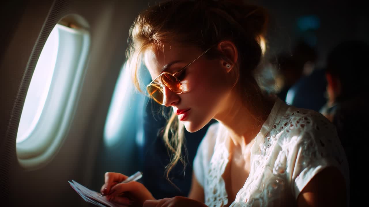 A young woman, wearing stylish sunglasses, sits by the airplane window, deeply engaged in writing notes on a notepad, capturing the essence of travel, reflection, and personal expression at cruising altitude