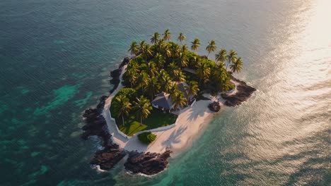 aerial perspective revealing lush tropical island with verdant palm grove, luxe waterfront residence, pristine white shoreline bathed in golden sunset light over turquoise ocean waters