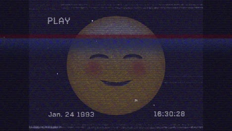 Digitale-Animation-Des-VHS-Glitch-Effekts-über-Errötendem-Gesichts-Emoji-Vor-Schwarzem-Hintergrund