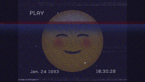 Digital-animation-of-vhs-glitch-effect-over-blushing-face-emoji-against-black-background