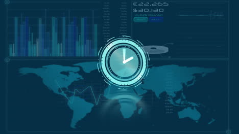 neon clock ticking over world map against digital interface with data processing on blue background