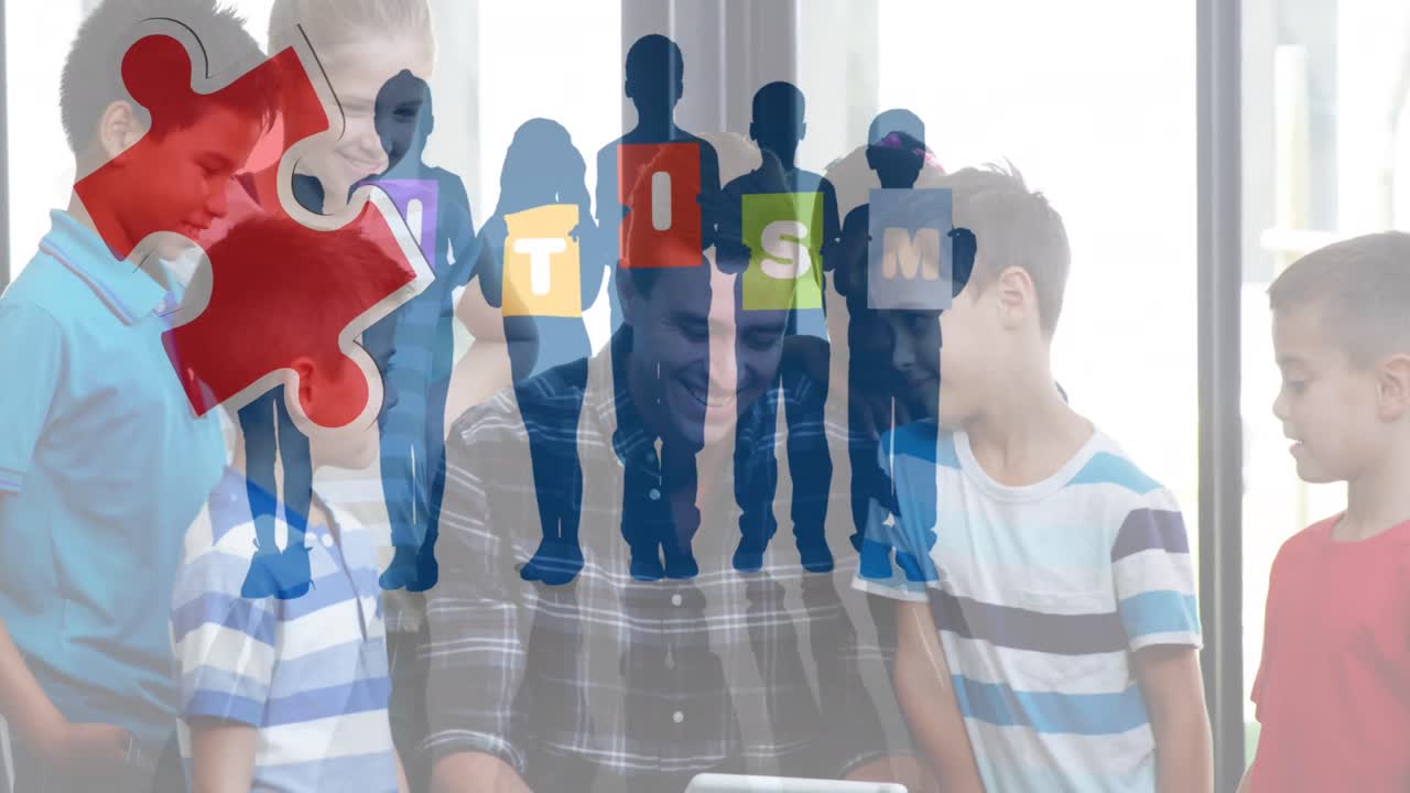 다채로운 퍼즐 조각과 자폐증 텍스트의 애니메이션 어린이와 전자 장치를 사용하는 남자