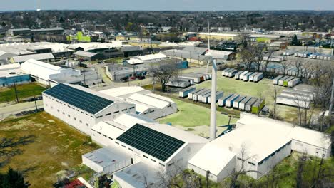 a small power plant for the enterprise consisting of a windmill and solar panels. alternative energy for enterprises. mini power plant in the city.