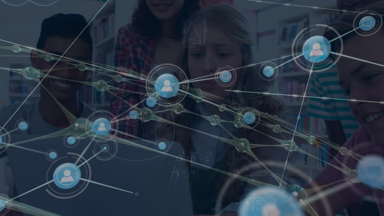 animación de la red de conexiones a través de alumnos adolescentes felices y diversos