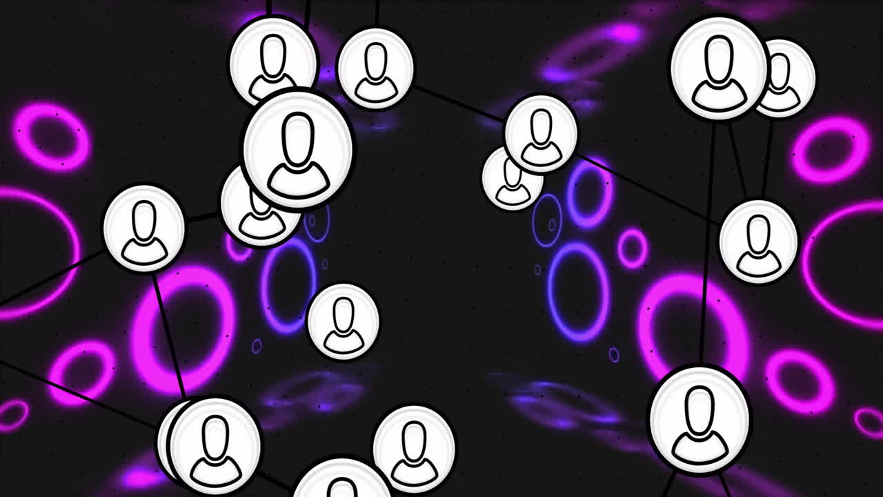 Animation of connections with people icons and data processing over neon pattern
