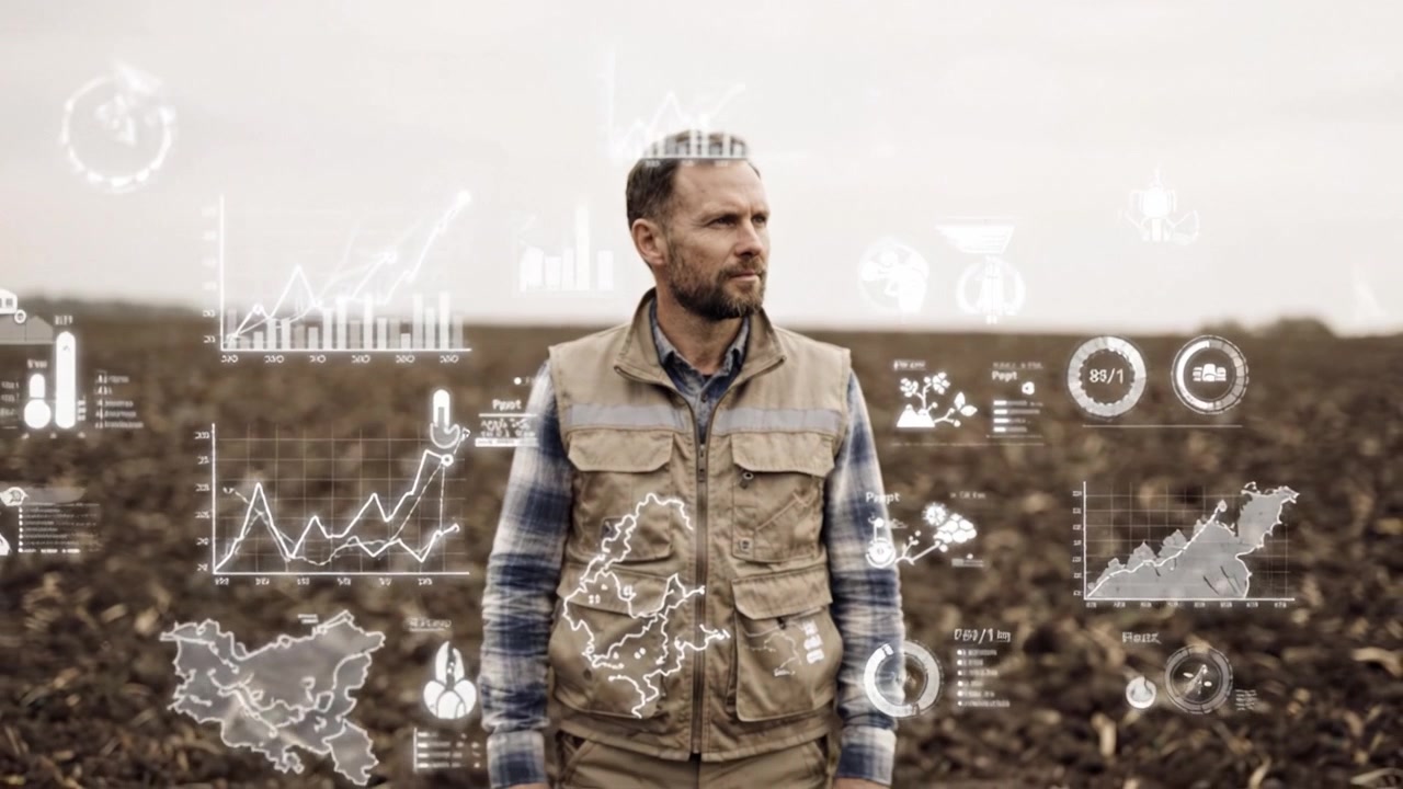 En bonde står robust på et jorde, omfavner moderne landbruk med dataanalyse og teknologi, og gjenspeiler utviklingen av landbrukets fremtid med innovasjon.