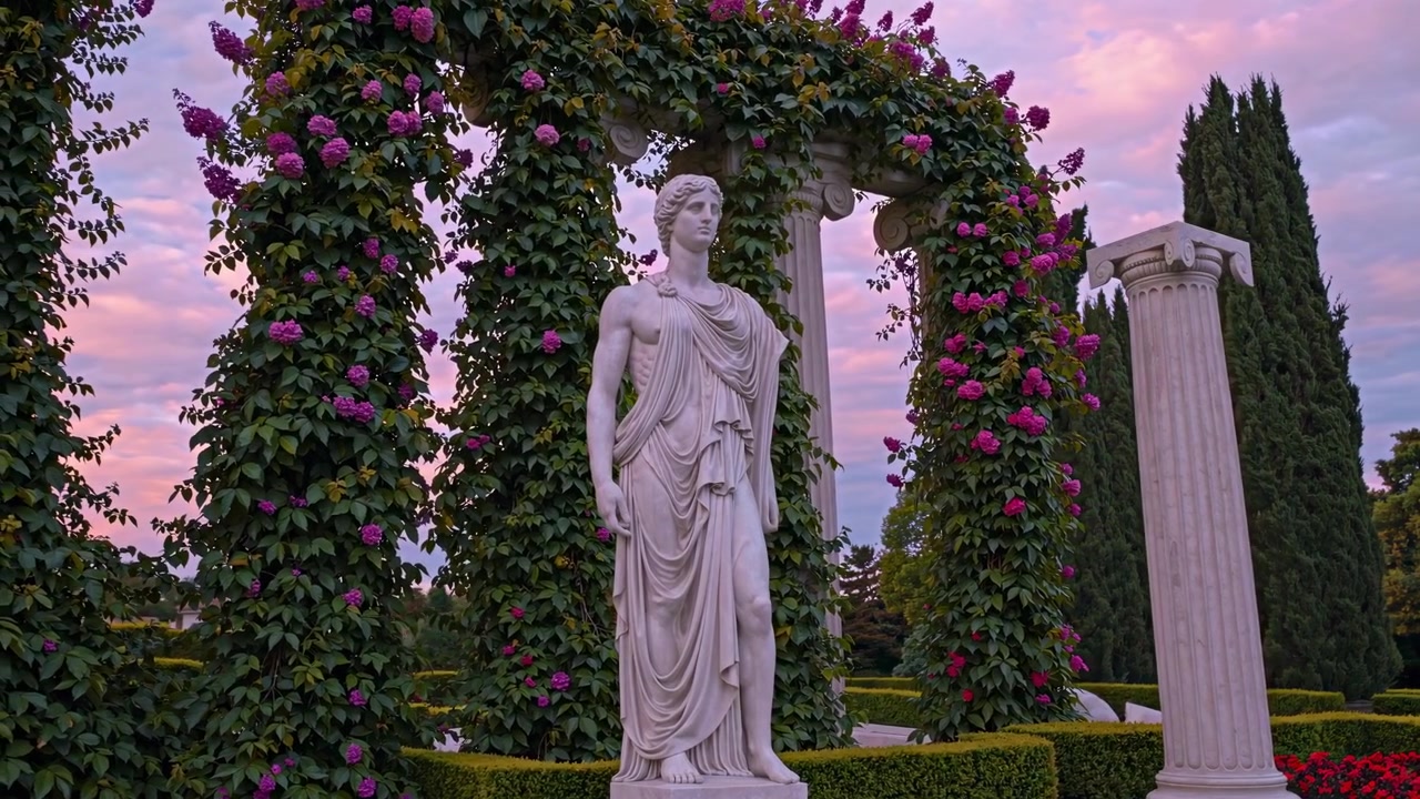 Statua classica in un giardino coperto di rose al tramonto