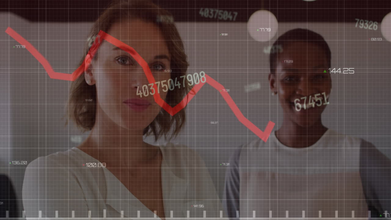 Animation of changing numbers and red graph over portrait of two diverse women smiling at office
