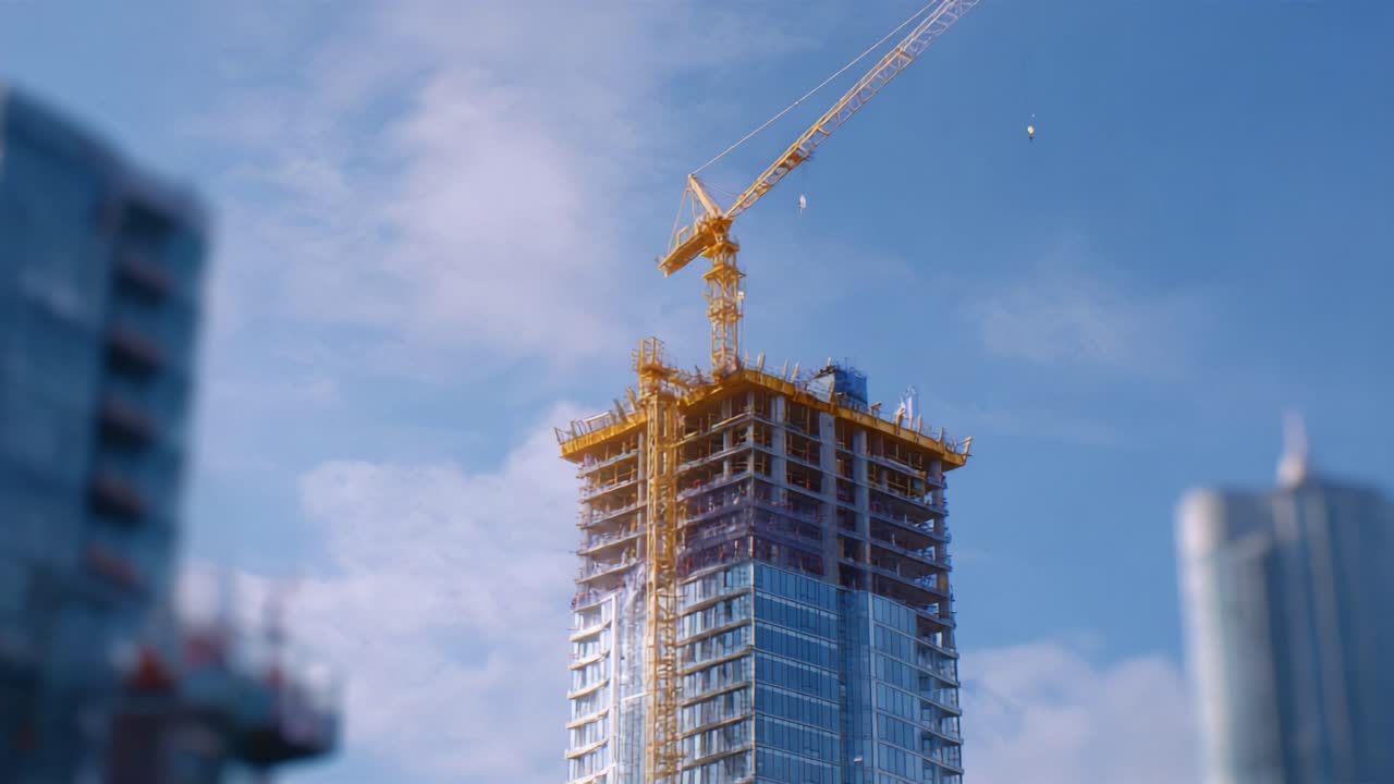 Un moderno grattacielo in costruzione, con una gru a torre che si staglia contro un cielo blu, evidenziando lo sviluppo urbano e l'innovazione architettonica.