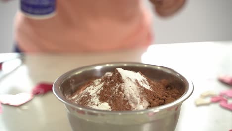 añadir sal a una pila de chocolate y mezcla de pastel de harina blanca en un plato de acero pastel de chocolate vegano sin huevos a base de plantas sin lácteos