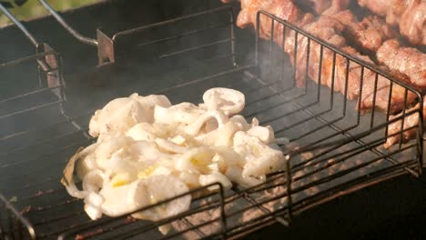 appetizing onion and juicy pork barbecue is roasted on skewers on top of charcoal grill. close-up onion on grill.