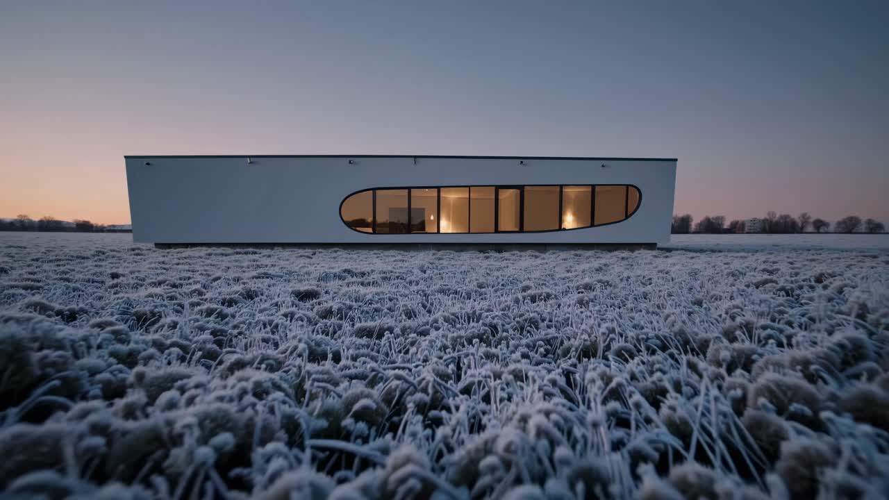 A modern, minimalist house with large windows, captured at dawn from a low-angle, showcasing frosty