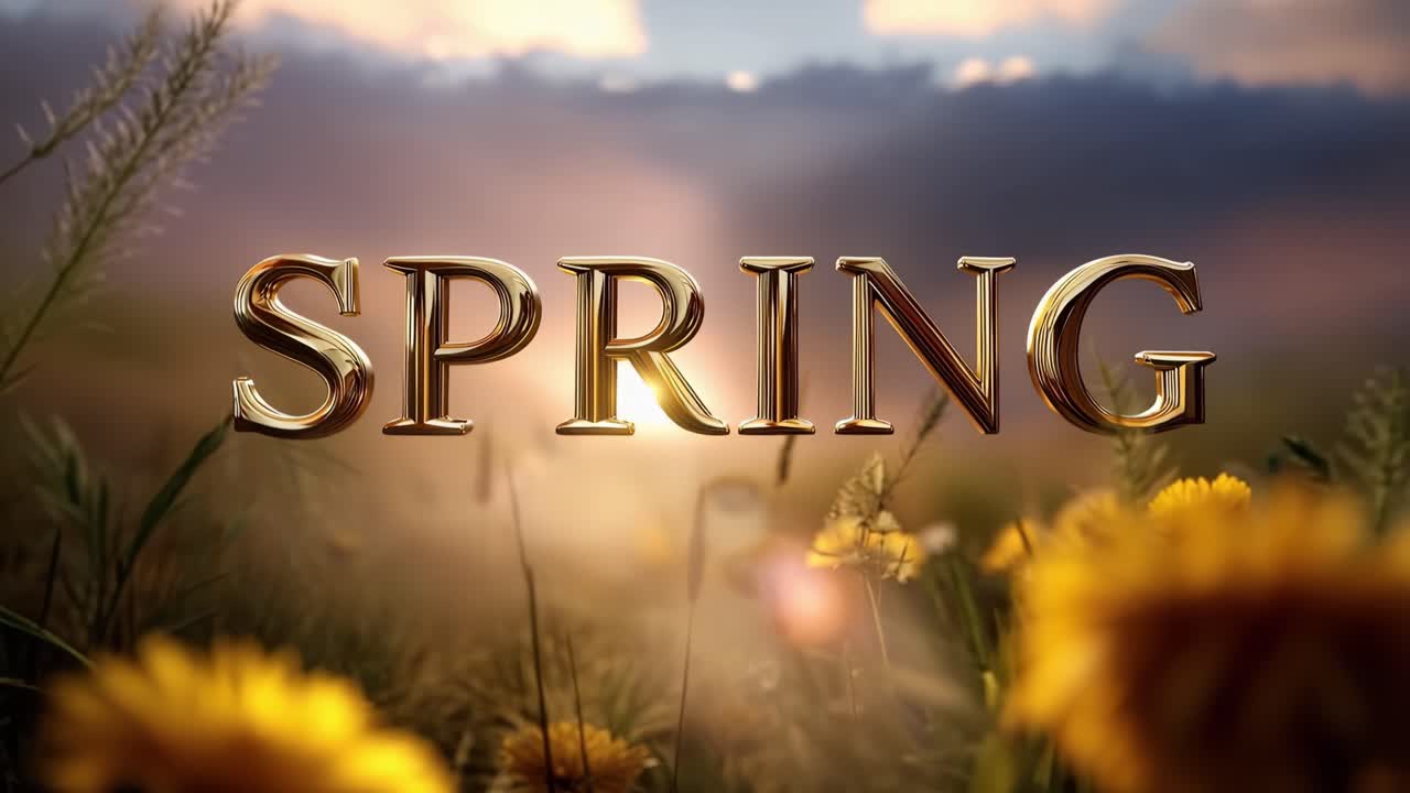 Golden sunbeams pierce through morning haze. Dandelions shimmer in soft, golden light. Bold, metallic letters spell "SPRING" across field. Nature's renewal feels warm and hopeful. Perfect for seasonal