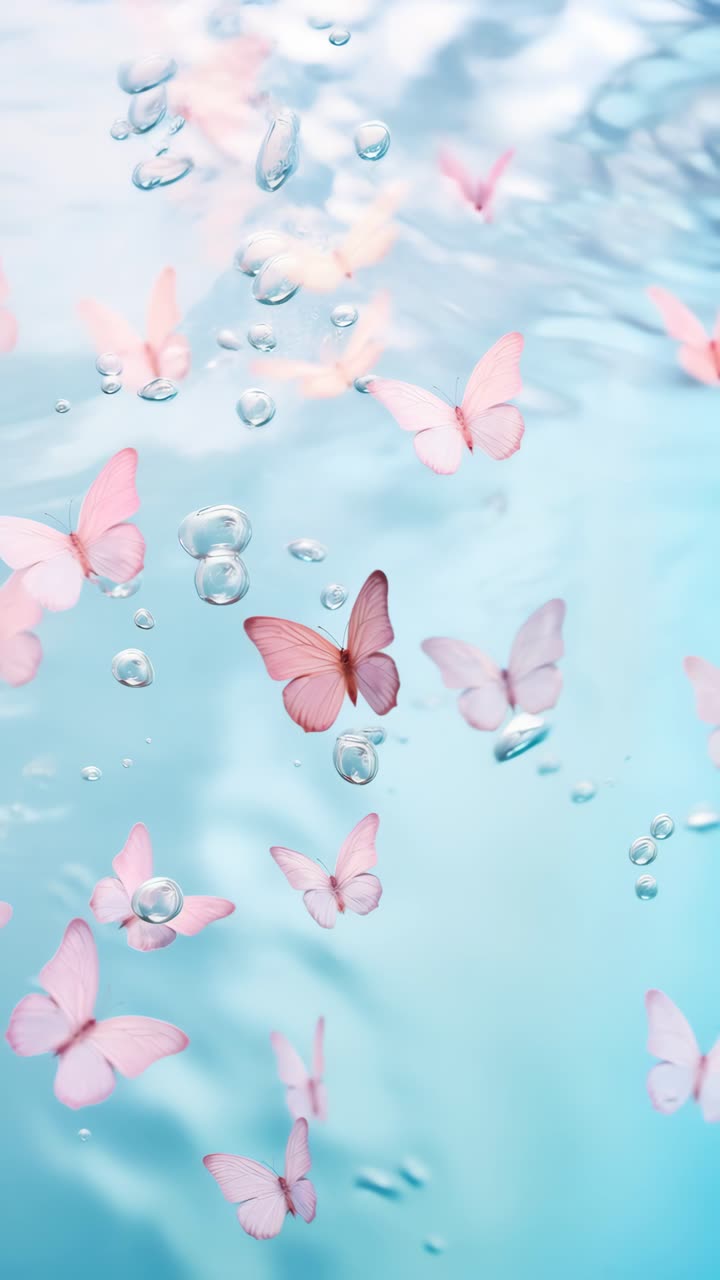 Aerial view of pink butterflies and bubbles floating in a serene blue background, creating a dreamy